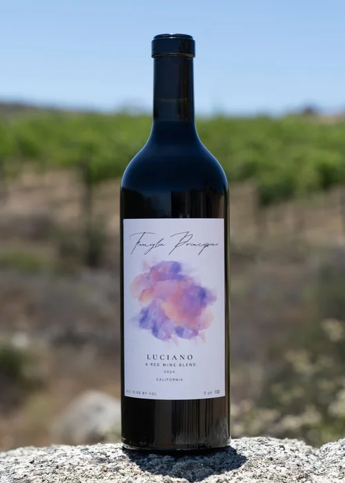 Famiglia Principini Luciano — pastel watercolor label, red wine blend California 2024